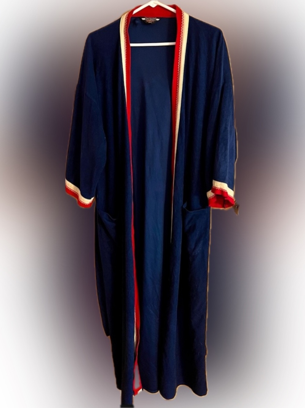 Vtg 70s Robe Corp of America Kabuki Coat Blue Red Polyester Robe Unisex OSFM Art
